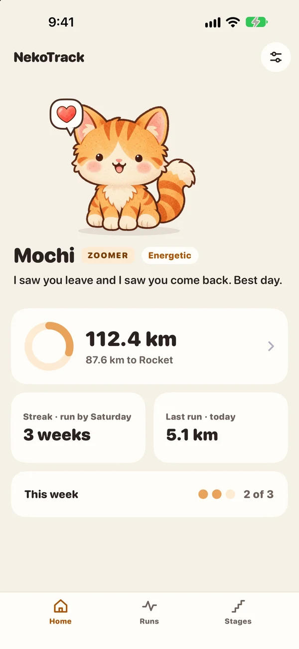 Mochi on the Home screen with total running distance and progress