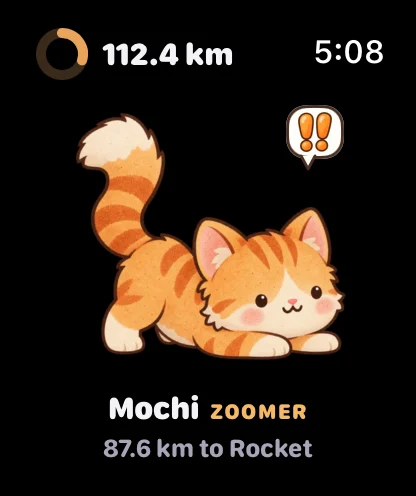 Mochi on Apple Watch with running distance and distance to the Rocket stage